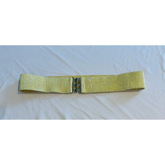 Vintage 80s  Bright Gold Malco Modes Wide Elastic Cinch Belt Gold Metal Buckle - Picture 6 of 8